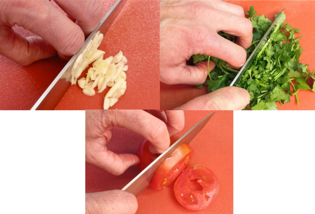 Cutting food safely with curled fingers on the hand holding food to a cutting board