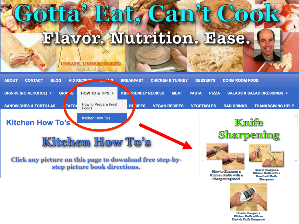 Link to Gotta' Eat, Can't Cook "How To's" that includes "Kitchen How To's" and Kitchen Knife Sharpening