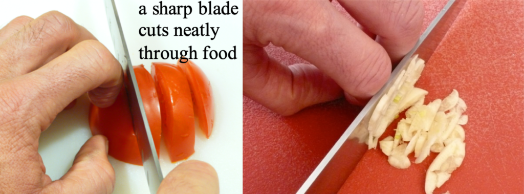 Kitchen knife safety title shot: sharp knife cutting a tomato and using curled fingers to hold a garlic clove to a cutting board while slicing that clove.