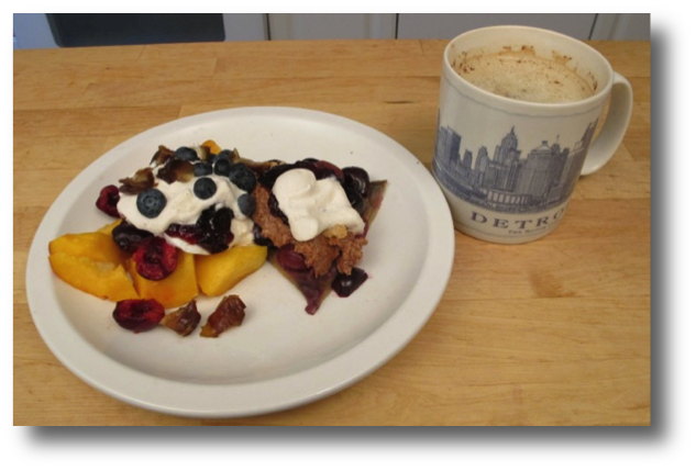 Cherry Pancake with Nut Butter and Fruit and Coffee
