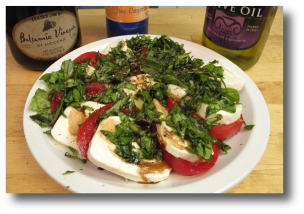 Step-by-step picture book recipe shows how to make a tomato, fresh basil and mozzarella cheese salad