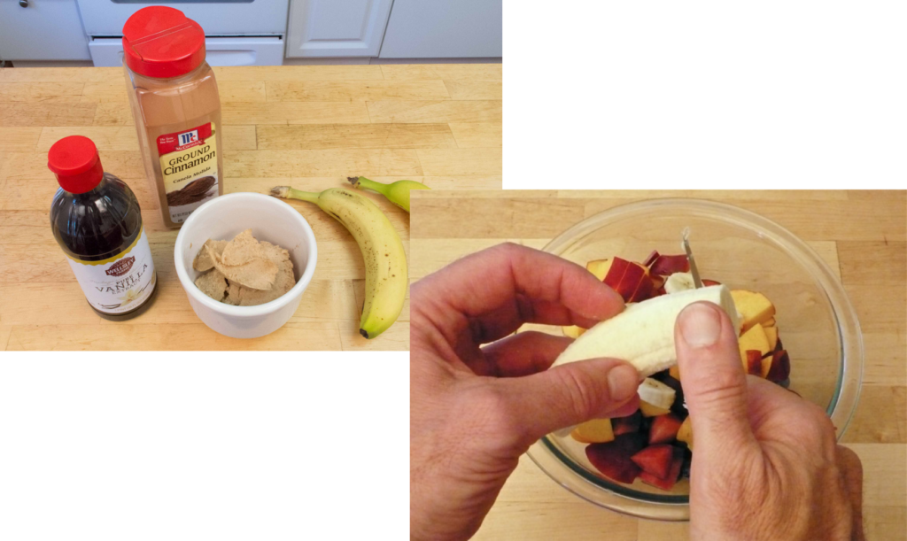Images of banana ice cream ingredients and banana added to summer fruit salad