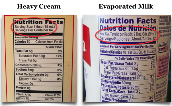 Heavy Cream vs. Evaporated Milk Nutrition Labels