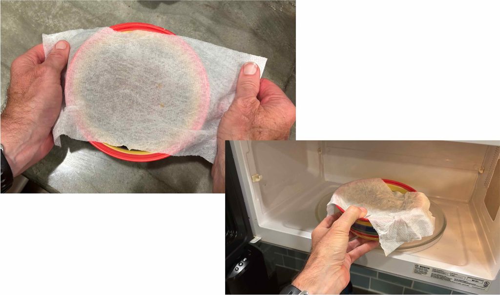Two photos showing a damp paper towel loosely covering a bowl before microwave reheating.