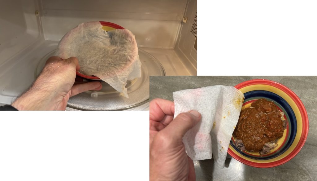 Two photos showing a covered bowl being removed from a microwave and the damp paper towel lifted away.