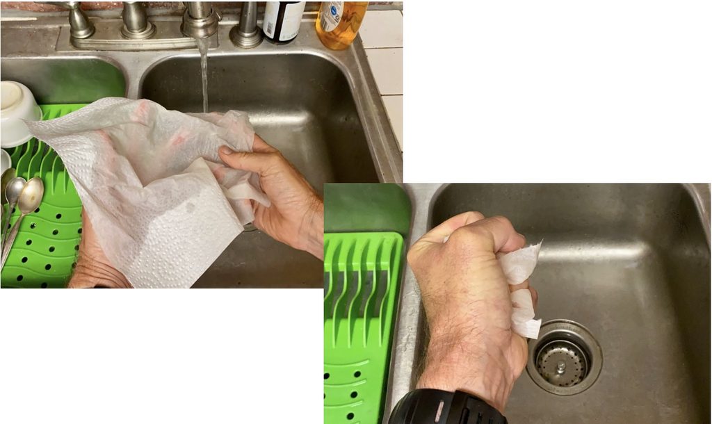 Two photos showing a paper towel being wetted and squeezed to remove excess water.