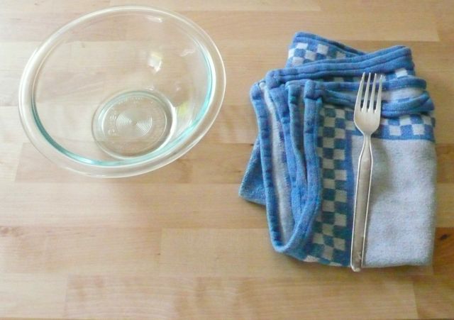 Microwave safe bowl, towel & fork needed to make microwave cooked scrambled eggs