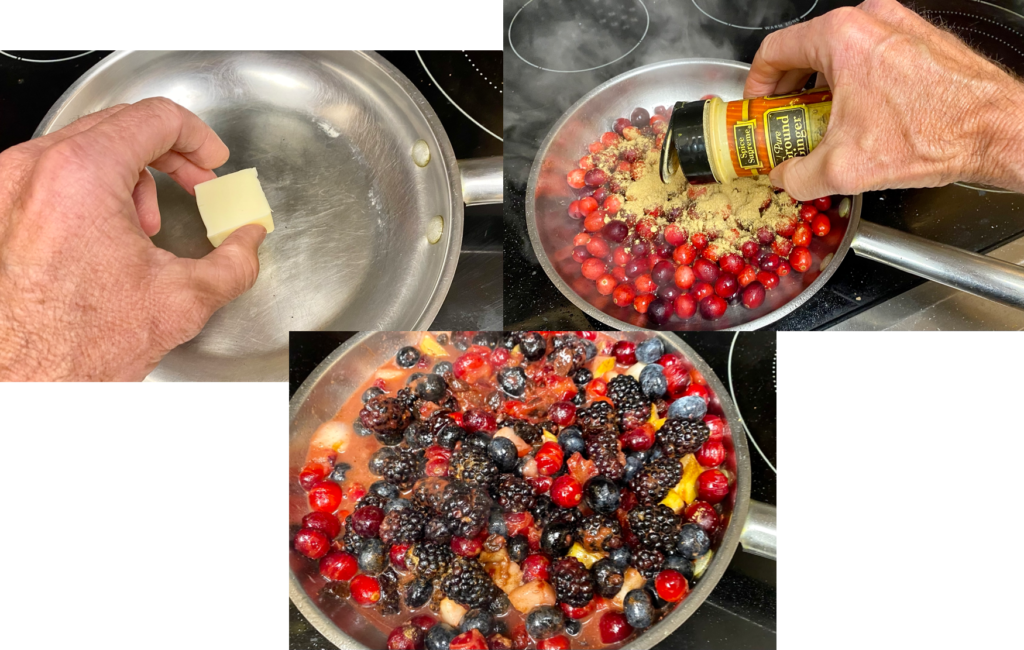 Cooking fresh cranberries, blueberries and blackberries.