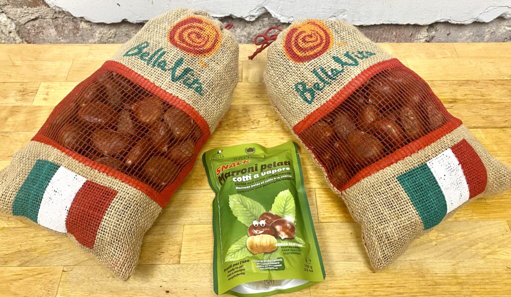 Bags of fresh and vacuum packed Italian Bella Vita chestnuts.