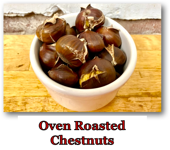 Picture book directions show how to roast chestnuts in a conventional oven