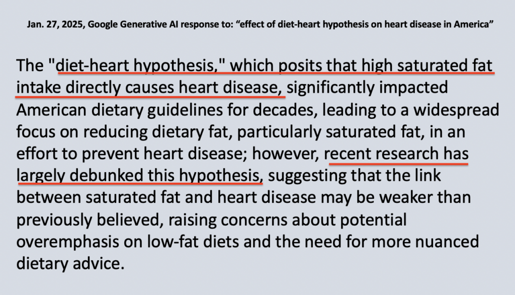 Google Generative AI response to "effect of diet-heart hypothesis on heart disease in America"