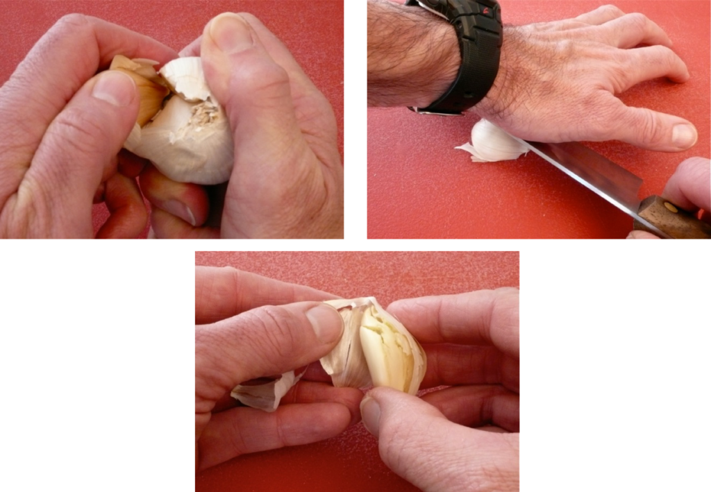 3 pictures show how to remove garlic cloves from a garlic bulb and how to break and peel the skin from a garlic clove.