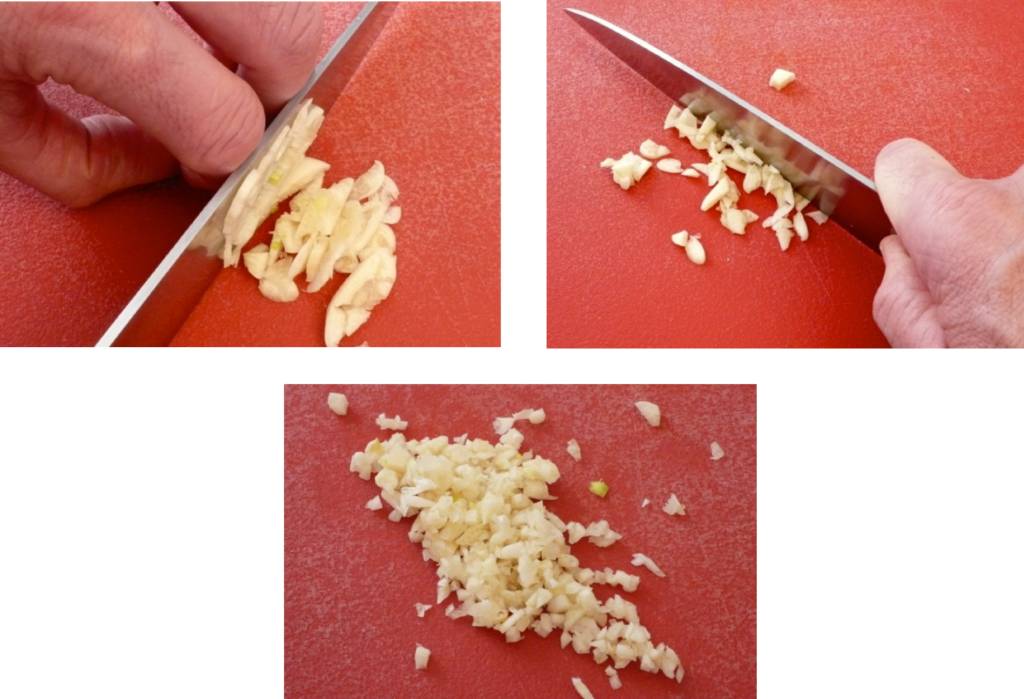 3 pictures show how to slice and chop garlic.