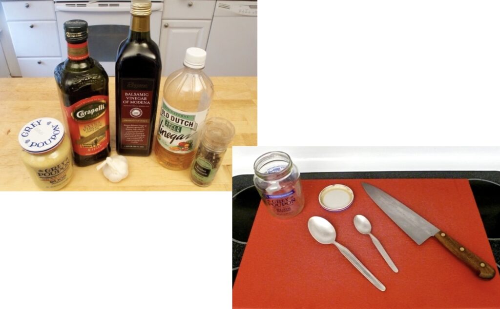 Ingredients and equipment needed to make an Easy 5-Ingredient Salad Dressing with Fresh Garlic