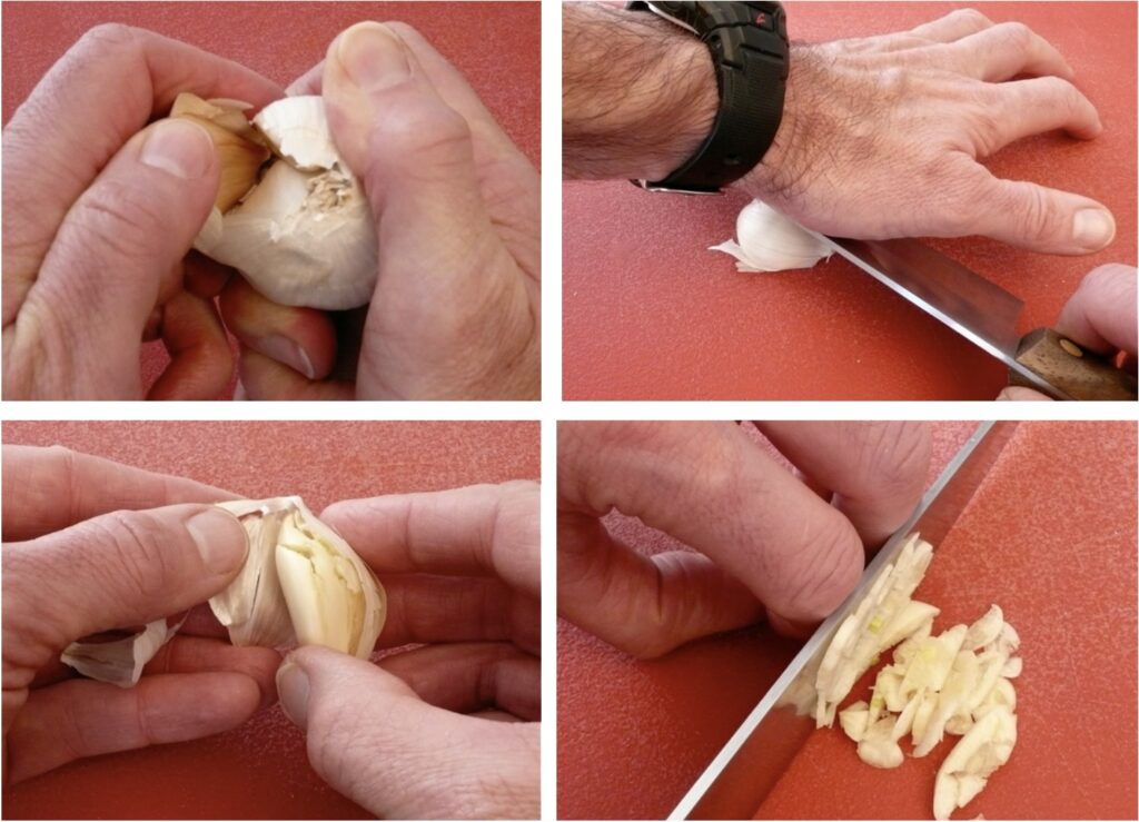4 step-by-step photos   give a visual outline of  how to peel and chop fresh garlic.