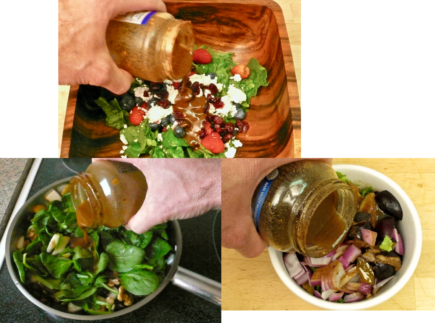 3 photos show examples of how versatile instant 5-ingredient salad dressing can be.