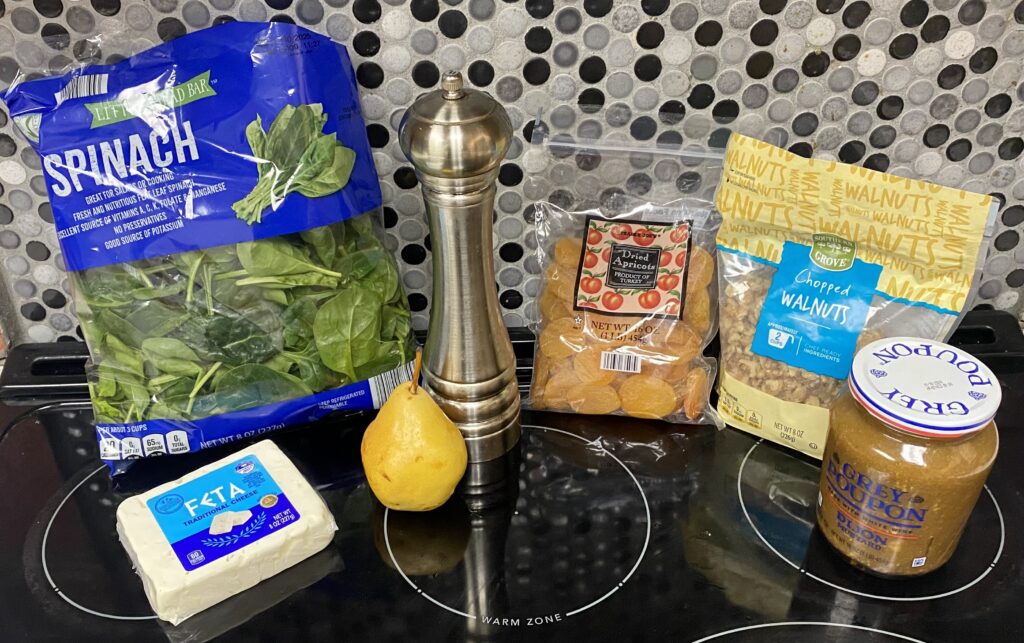 ingredients needed to make quick & easy microwave warmed spinach and pear salad