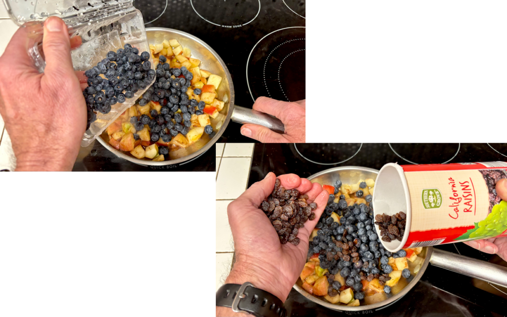 Adding blueberries and raisins to apple fruit topping warming on the stove with link to picture book recipe