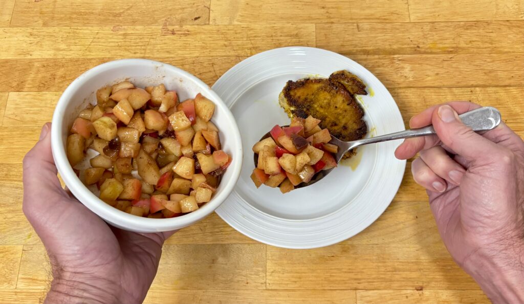 Warm apple topping with pan cooked pork loin and link to the warm apple topping picture book recipe