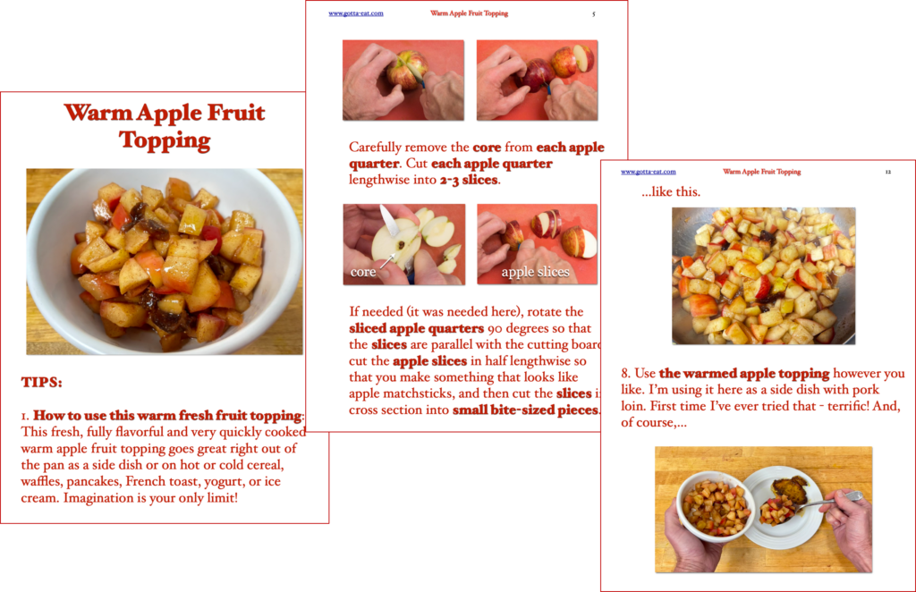 Sample pages of warm apple fruit topping picture book recipe