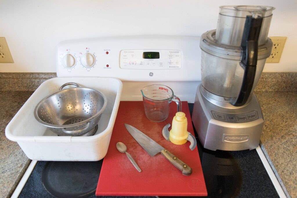 Equipment needed to make nutty cilantro pesto with link to full picture book recipe