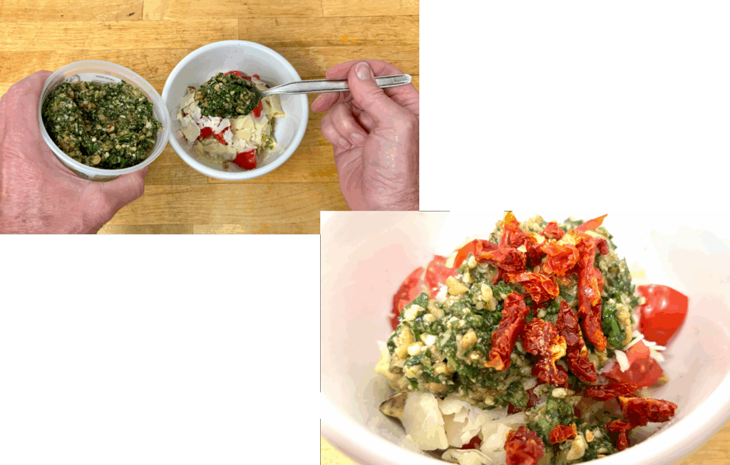 Chickpeas, tomatoes, mixed Italian cheeses and freshly made hand-chopped basil pesto with a link to hand-chopped basil pesto picture book directions.