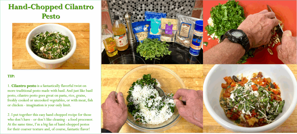 Sample recipe page with step-by-step pictures with link to hand-chopped cilantro pesto picture book directions
