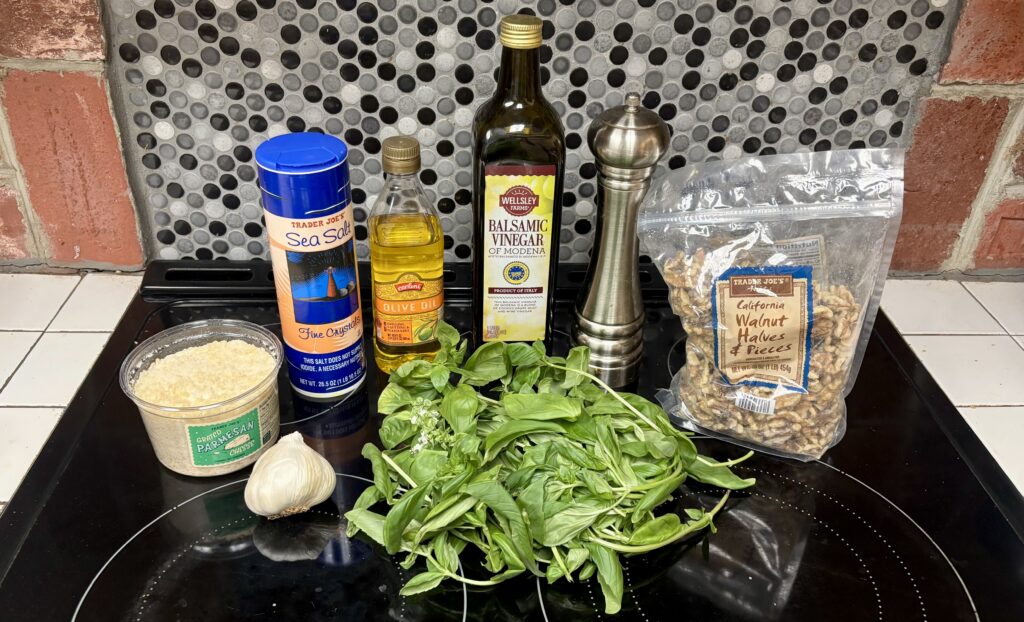 Ingredients needed to make hand-chopped basil pesto with link to picture book hand-chopped basil pesto directions