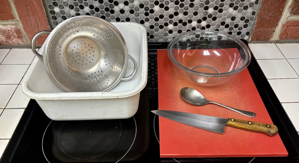 Equipment needed to make hand-chopped basil pesto with link to hand-chopped basil pesto picture book directions 