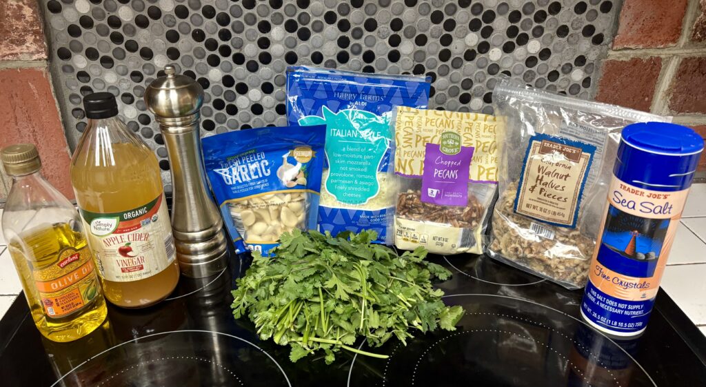 Ingredients needed to make hand-chopped cilantro pesto with link to hand-chopped cilantro pesto picture book directions