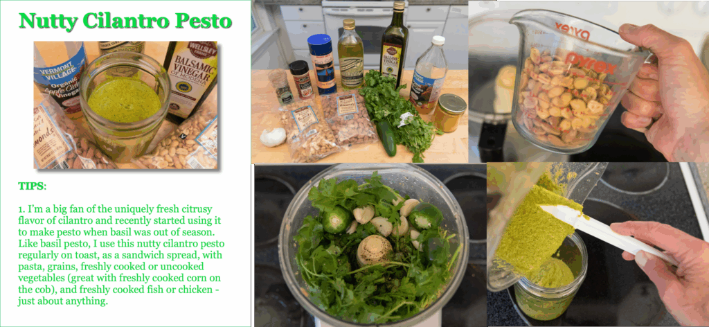 Sample recipe page and step-by-step pictures with link to nutty cilantro pesto picture book directions.