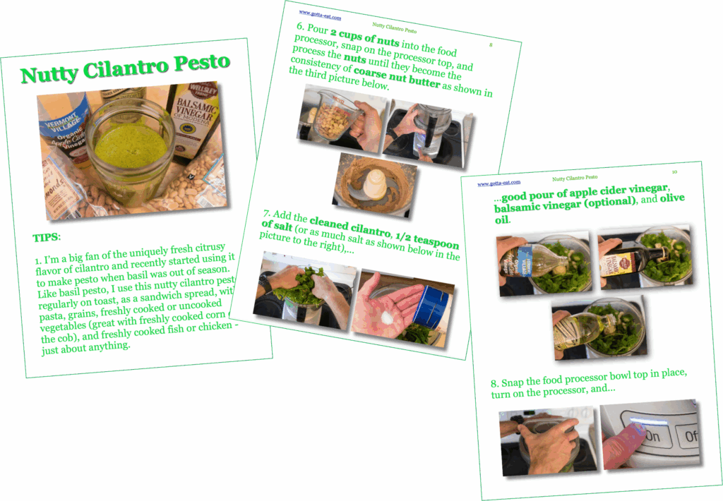 Sample recipe pages with link to nutty cilantro pesto picture book directions.