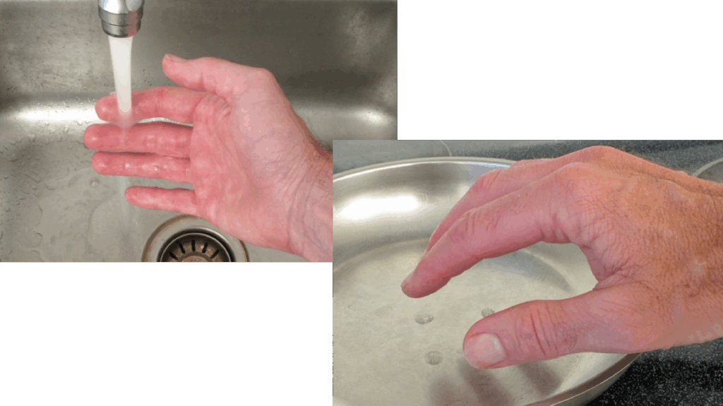 Wetting fingers with cold tap water and flicking that water onto a pan surface to determine proper egg cooking temperature