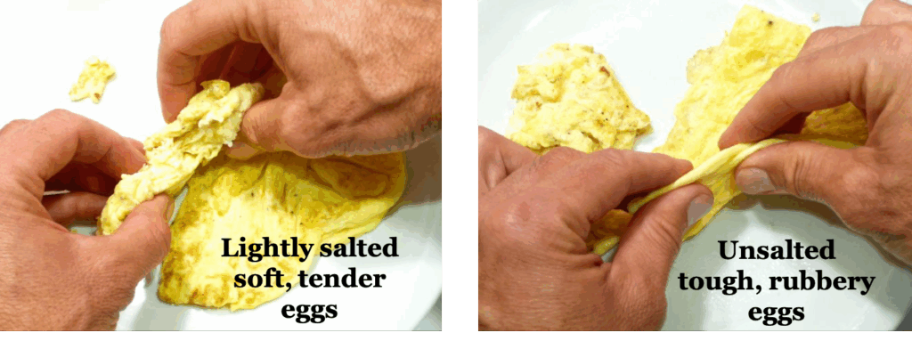 Side by side images showing the difference in texture between tender eggs cooked with a dash of salt and tough, rubbery eggs cooked without salt
