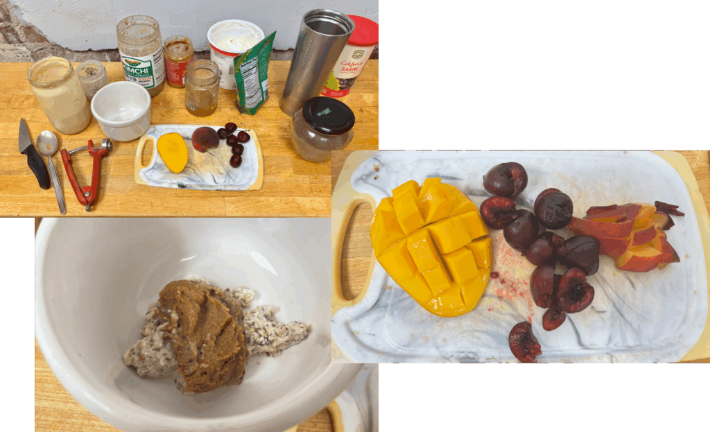 overnight oats, nut butter, flax, yogurt, jam, mango, cherries, peach, dried fruit 