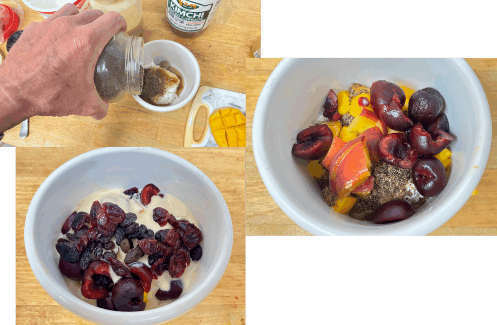 Overnight oats, nut butter, flax, yogurt, jam, mango, cherries, peach, dried fruit — no rules. Just full-on flavorful fun.