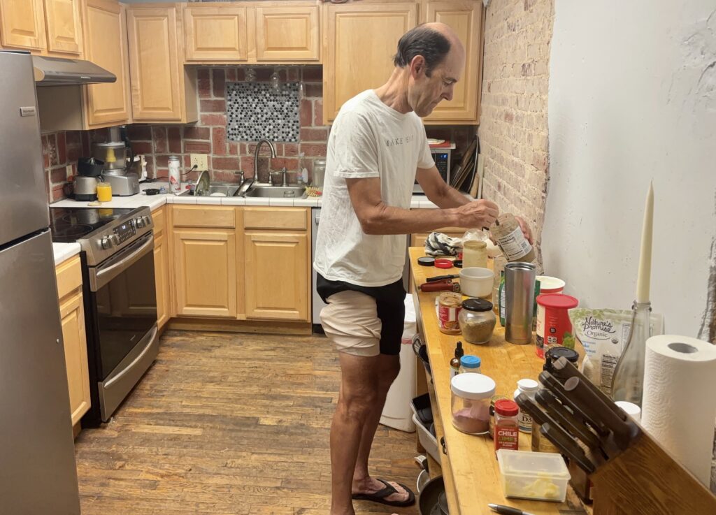 Bruce in real home kitchen making July 4th breakfast