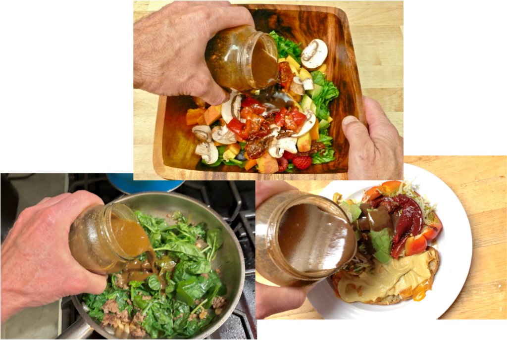 Using easy 5-ingredient salad dressing on salad, spinach and meat cooking in a pan and on an open-faced sandwich.