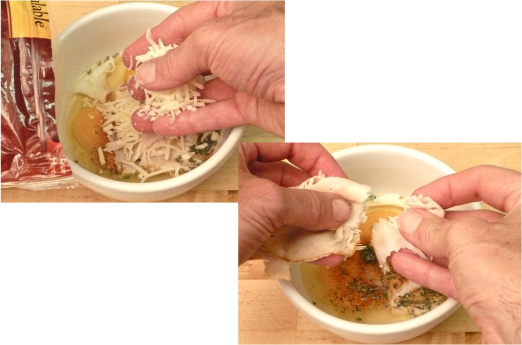 Adding cheese and cooked meat to microwave scrambled eggs before cooking - easy for beginners