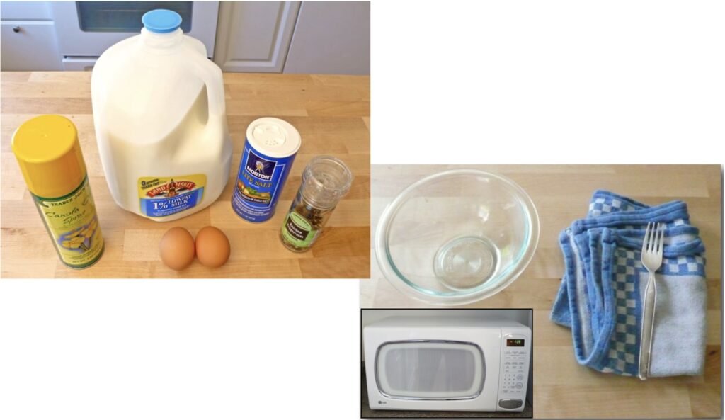 Ingredients and equipment needed to make easy microwave scrambled egg recipe