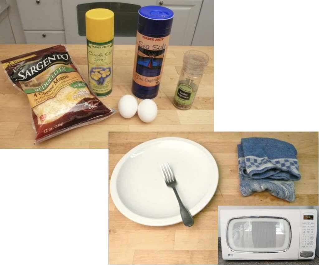 Image of ingredients and equipment needed to make a microwave omelet