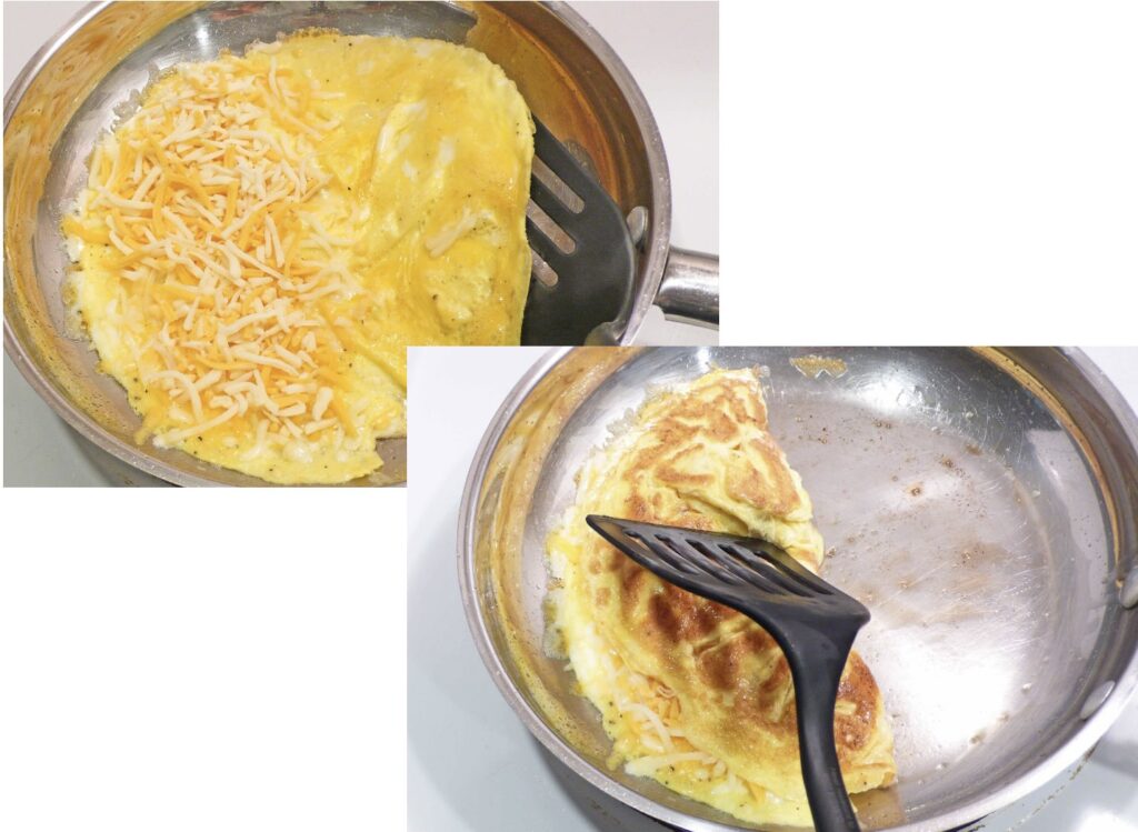 2 images showing how to fold an omelet easily with a spatula without frustration