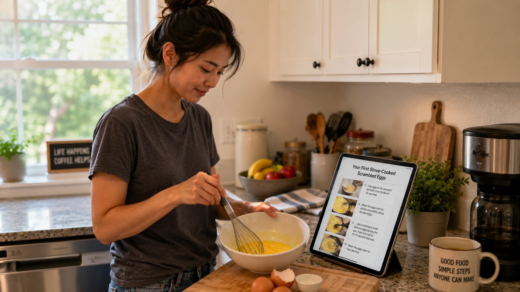 Woman learning to cook scrambled eggs using a step-by-step photo recipe in a home kitchen.